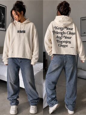 NME NYC Oversized Cropped Hoodie Puff Print Cream Streetwear 2XL
